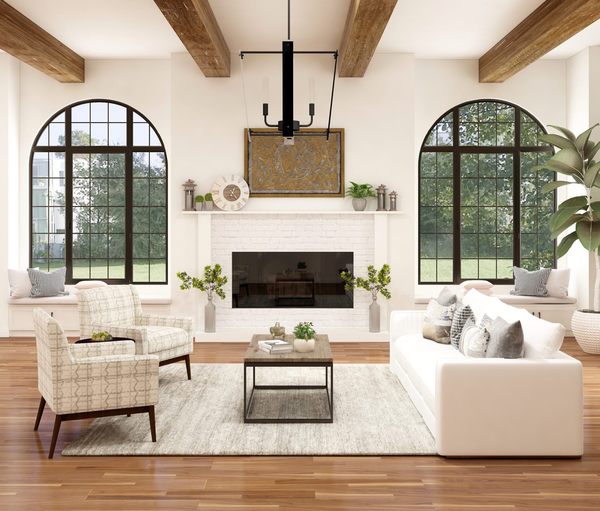 white sofa chair near fireplace