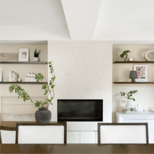A dining table in front of a wall with shelves and a centered fireplace